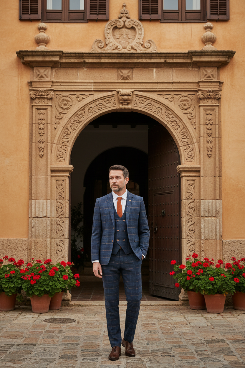 Jenson - Marine Navy Check Suit With Double Breasted Waistcoat