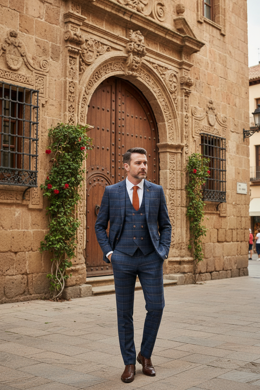 Jenson - Marine Navy Check Suit With Double Breasted Waistcoat