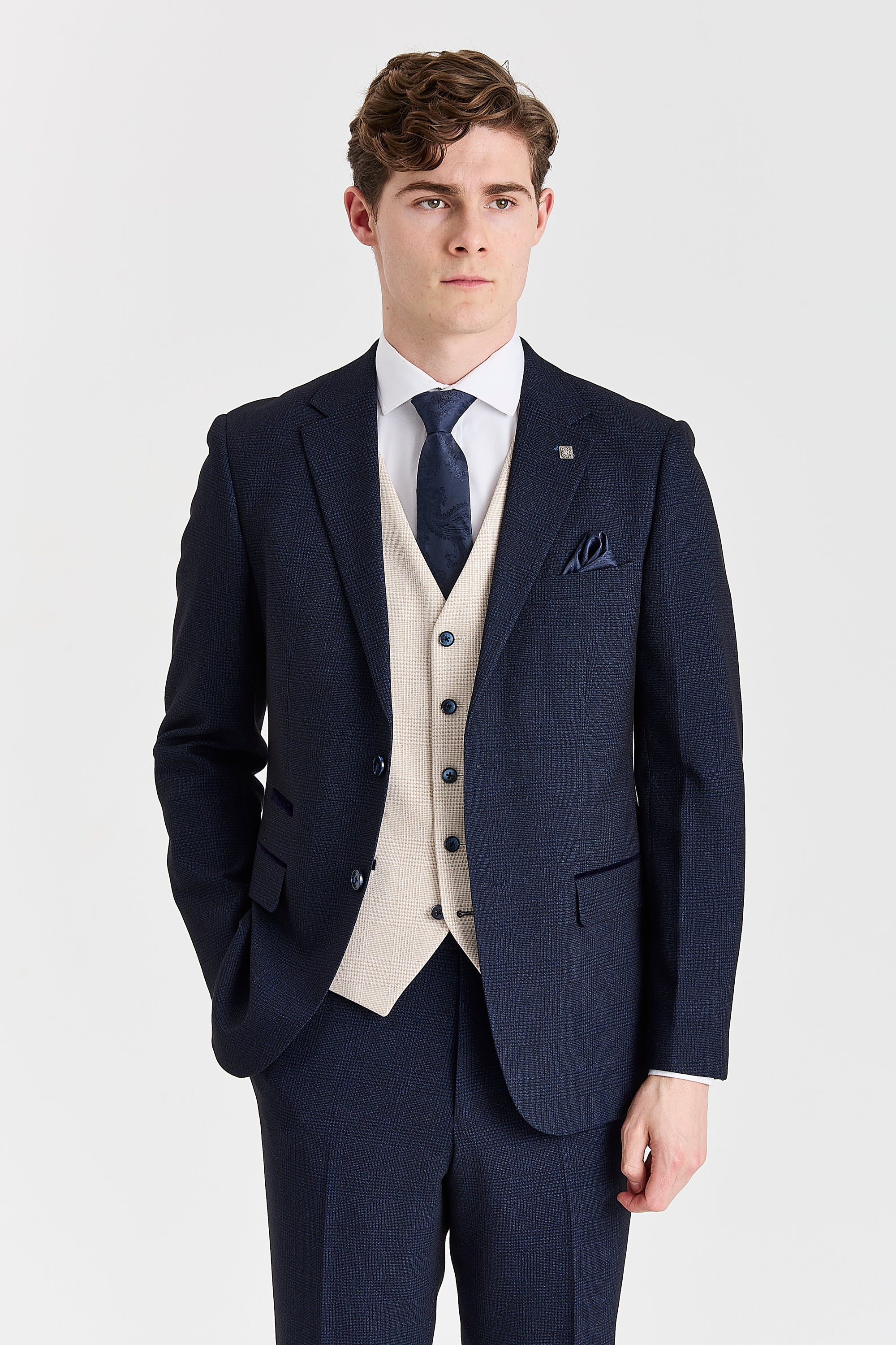 Regent Navy Check Suit with Regent Cream Waistcoat – image 1