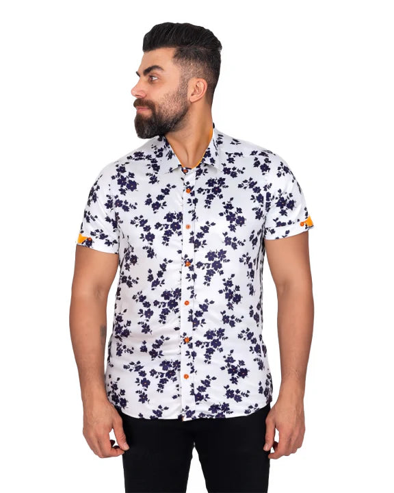 White Floral Print Short Sleeve Shirt
